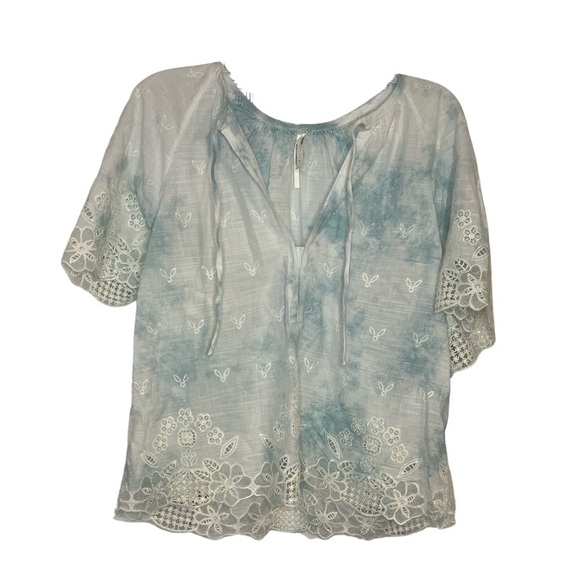 Anthropologie Lace Trimmed Tie Dye and Embroidered Cotton Tie Neck Top - Picture 5 of 15